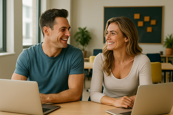 A man and a woman, sitting with their laptops - work half as much, produce twice as much